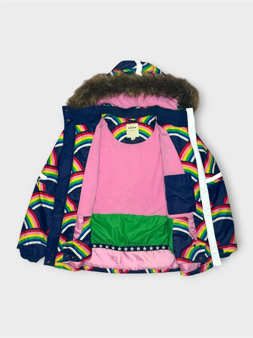 Mini Boden All Weather Waterproof Hooded Fur Rainbow Pattern Blue Powder Coat